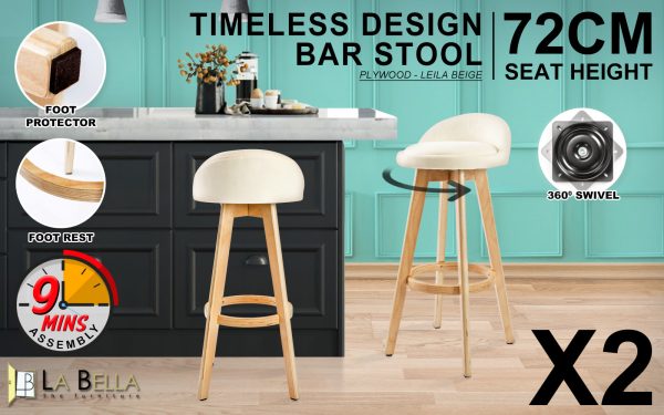 2X Wood Bar Stool Dining Chair Fabric LEILA 72cm BEIGE - Image 3