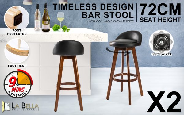 2X Wooden Bar Stool Dining Chair Leather LEILA 72cm BLACK BROWN - Image 3