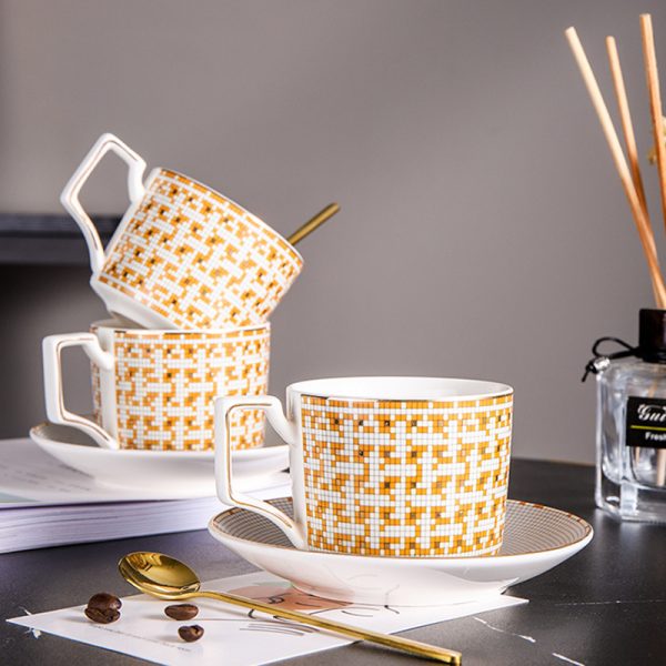 Gold Mosaic Porcelain Bone China Coffee Cup Saucer Sets Tea Cup Sets For Home Office Gift - Image 3