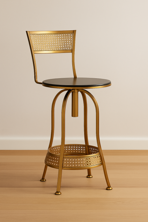 Gold Black Swivel Kitchen Bar Stool Chair with High Back in Netted Design Frame
