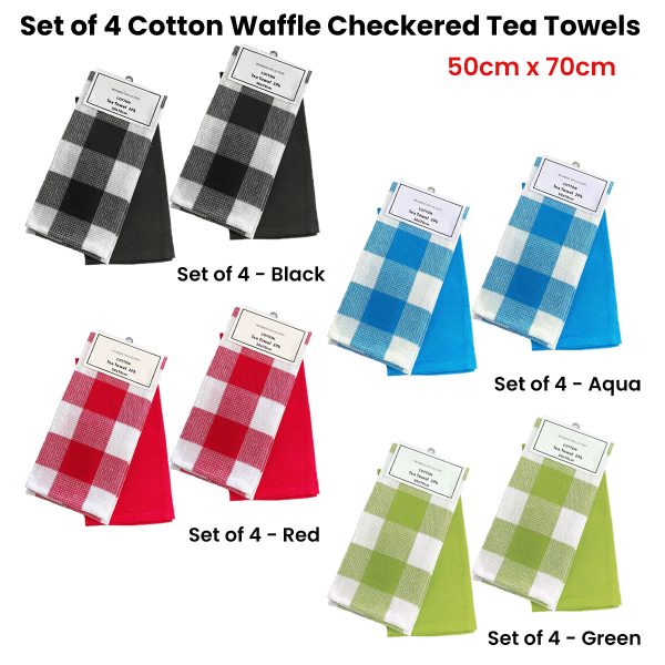 Set of 4 Cotton Waffle Checkered & Plain Dyed Tea Towels 50cm x 70cm Black - Image 2