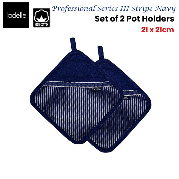 Ladelle Professional Series Stripe Navy Set of 2 Pot Holders 21 x 21 cm - Image 2