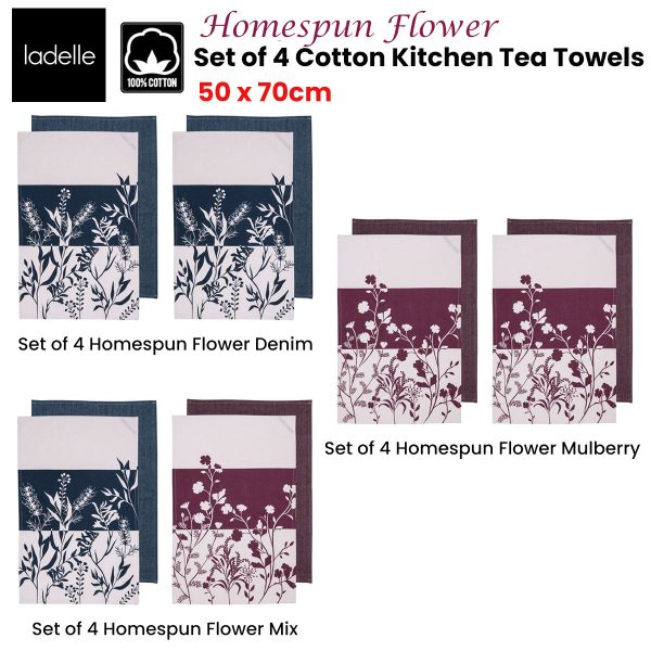 Ladelle Set of 4 Homespun Flower Cotton Kitchen Tea Towels 50 x 70 cm Mix - Image 2