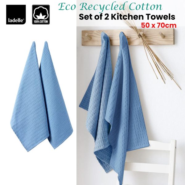 Ladelle Eco Recycled Cotton Set of 2 Cotton Kitchen Towels Blue 50 x 70 cm - Image 2