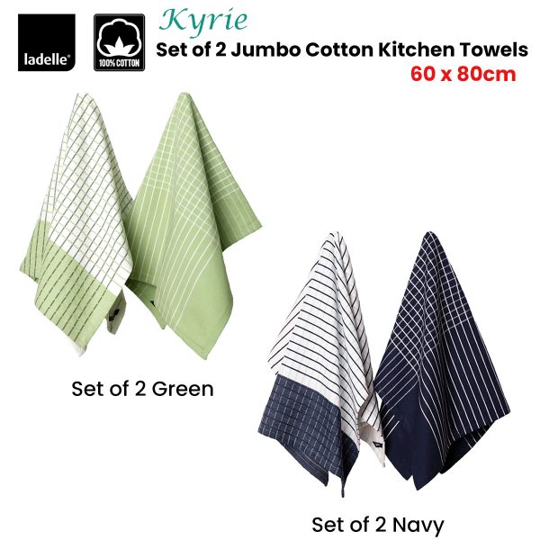 Ladelle Kyrie Cotton Set of 2 Jumbo Kitchen Towels 60 x 80 cm Green - Image 2