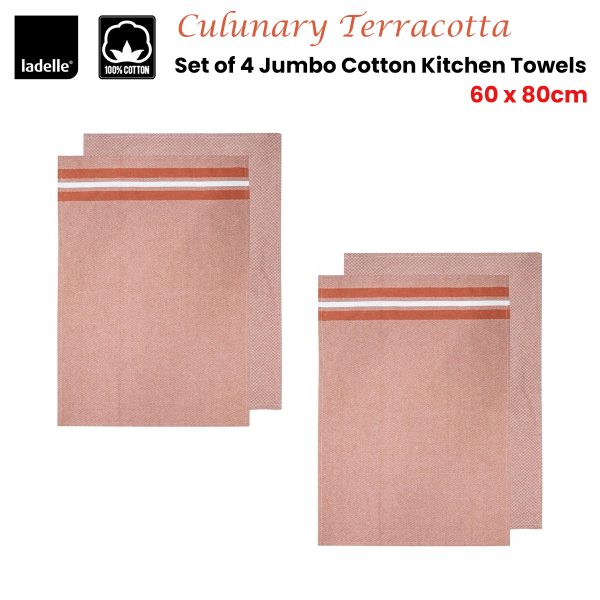 Ladelle Culinary Terracotta Cotton Set of 4 Jumbo Kitchen Towels 60 x 80 cm - Image 2