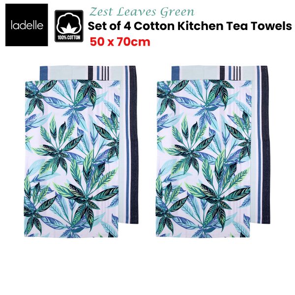Ladelle Set of 4 Zest Leaves Green Cotton Kitchen Tea Towels 50 x 70 cm - Image 2