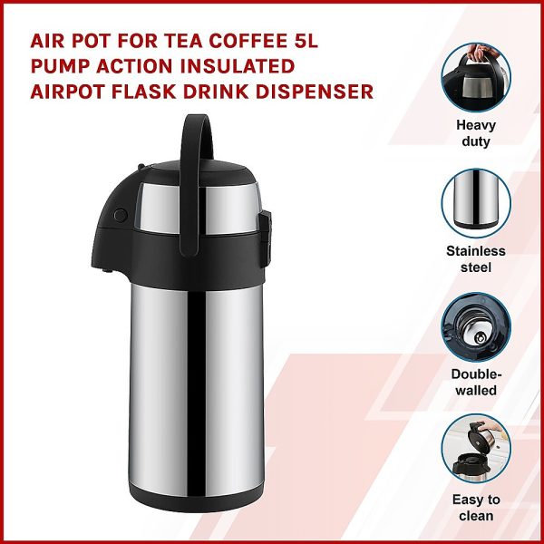 Air Pot for Tea Coffee 5L Pump Action Insulated Airpot Flask Drink Dispenser - Image 3