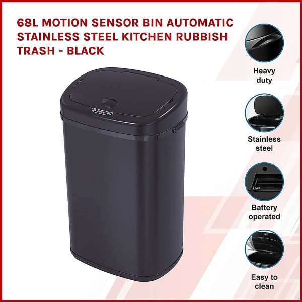 68L Motion Sensor Bin Automatic Stainless Steel Kitchen Rubbish Trash - Black - Image 3