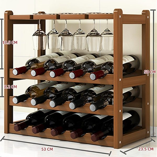 Bamboo Wine Rack Free Standing 15 Bottles with 6 Glasses Holder Storage in Dark Brown - Image 5