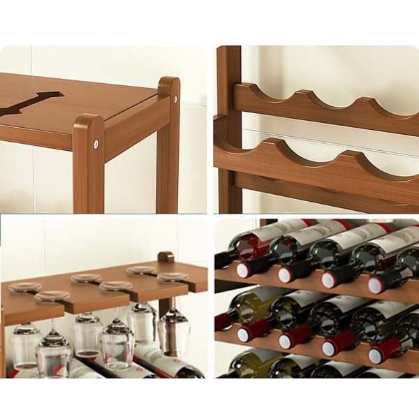 Bamboo Wine Rack Free Standing 15 Bottles with 6 Glasses Holder Storage in Dark Brown - Image 4
