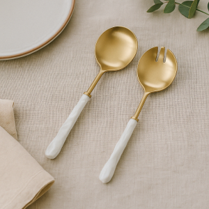 White Enamel Handle Gold Serving Spoons