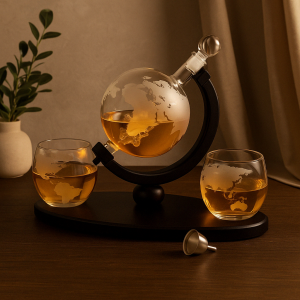 850ml Whiskey or Wine Globe Glass Decanter Set - 2x Glasses + Wooden Stand