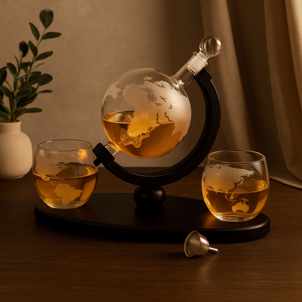 850ml Whiskey or Wine Globe Glass Decanter Set - 2x Glasses + Wooden Stand
