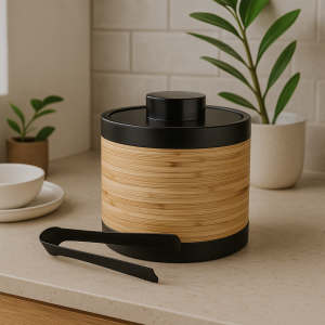 Plantation Ice Bucket & Tong Black & Rattan