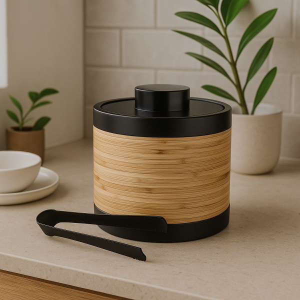 Plantation Ice Bucket & Tong Black & Rattan