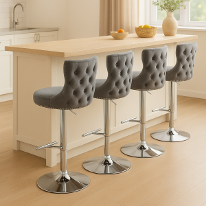 4x Height Adjustable Swivel Bar Stool Velvet Stud Barstool with Footrest and Chromed Base- Gray