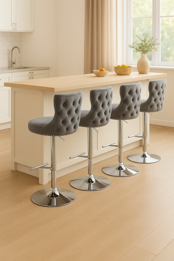 4x Height Adjustable Swivel Bar Stool Velvet Stud Barstool with Footrest and Chromed Base- Gray