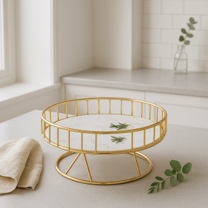 Elegant Glass Round Serving Tray with Gold-Finished Iron Frame White