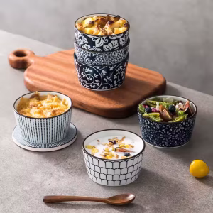 Ceramic Bakeware Set Blue Patterned Ramekins Set of 6