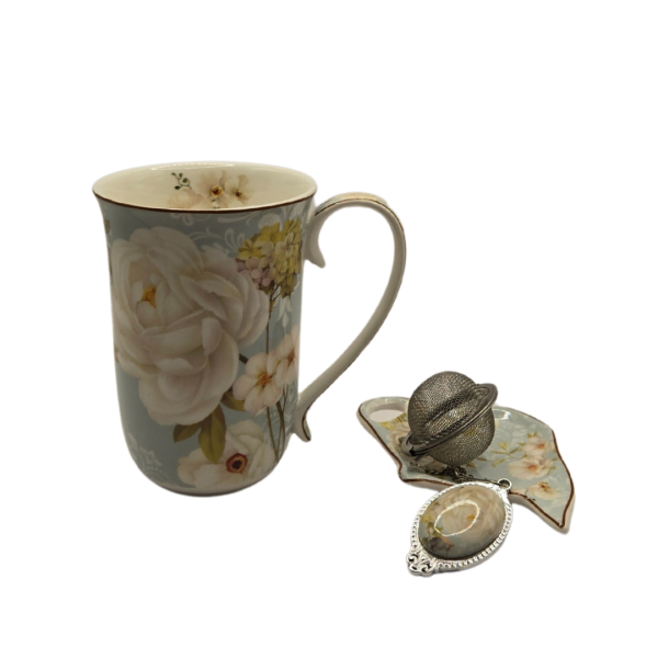 Elegance in Bloom: White Rose Fine Bone China Mug with Matching Strainer