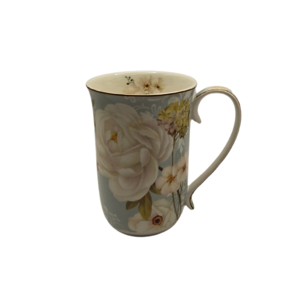Elegance in Bloom: White Rose Fine Bone China Mug with Matching Strainer