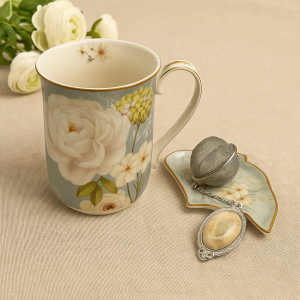 Elegance in Bloom: White Rose Fine Bone China Mug with Matching Strainer