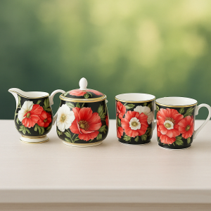 Poppies on Black Tea Set