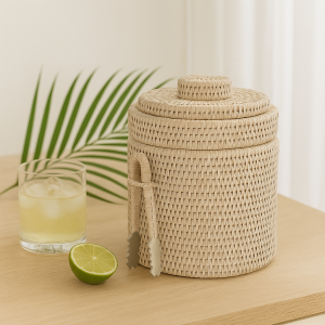 Rattan Ice Bucket with Tong - White Wash