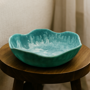 Handmade Resin Bowl – Wavy Edges with Ocean Swirl Design - Small - Blue