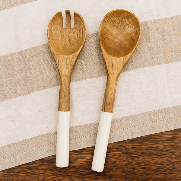 Handcrafted Mango Wood & Enamel Salad Server Set – Stylish & Sustainable Serving Utensils