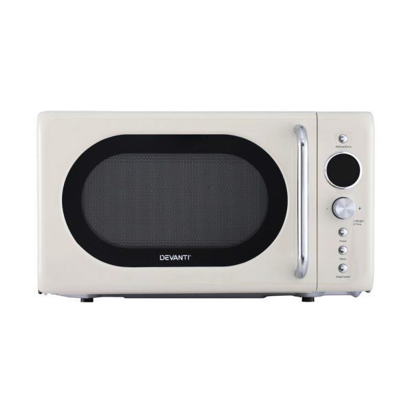Devanti 20L Digital Microwave Oven – Cream | 8 Auto Cook Menus, Quick Defrost, Child Lock