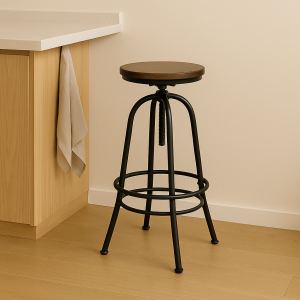 Adjustable Swivel Bar Stool – Elm Wood Seat & Black Steel Frame | Modern Industrial Style