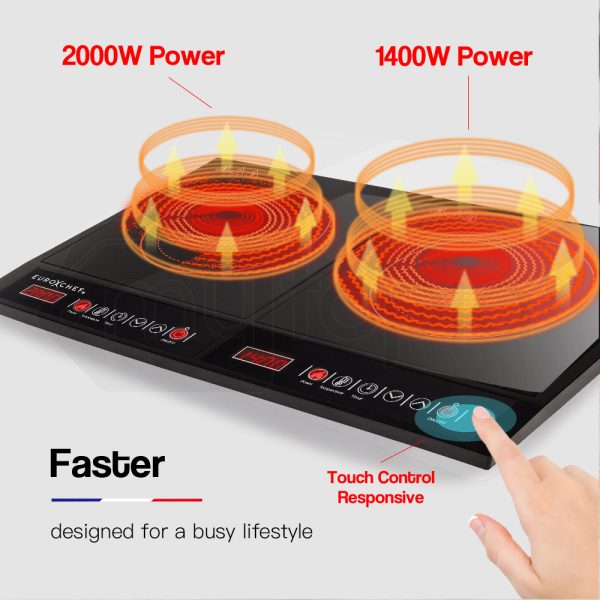 EuroChef Portable Commercial Electric Induction Dual Cooktop 2000W + 1400W | Fast, Safe Cooking - Image 5
