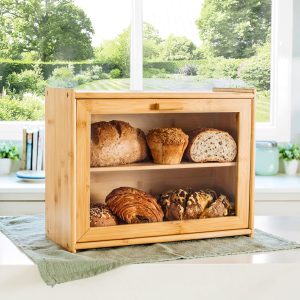 Double Layer Bamboo Bread Box | Large 2-Tier Bread Storage with Window for Kitchen
