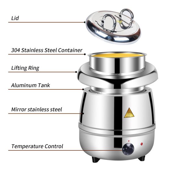 13L Electric Buffet Food Warmer | Commercial Soup Warmer with Stainless Steel Pot & Lid