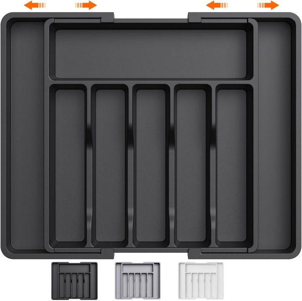 Black Adjustable Polypropylene Kitchen Drawer Organizer – 8 Compartments, Large Capacity
