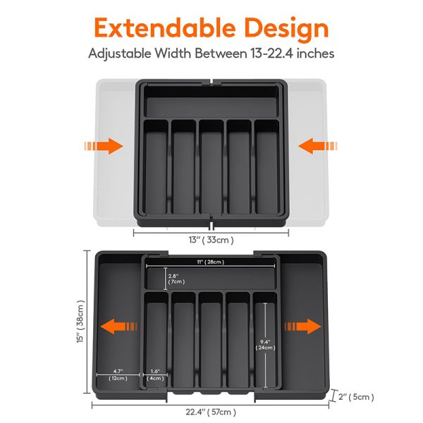 Black Adjustable Polypropylene Kitchen Drawer Organizer – 8 Compartments, Large Capacity