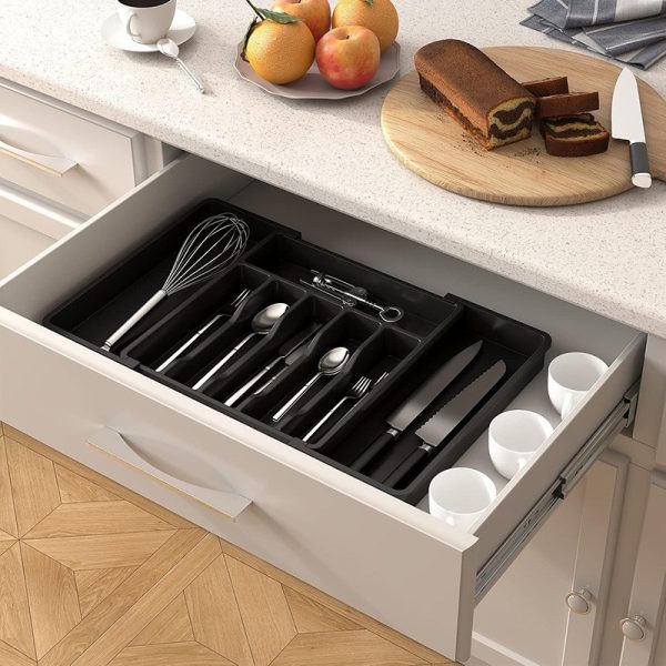 Black Adjustable Polypropylene Kitchen Drawer Organizer – 8 Compartments, Large Capacity