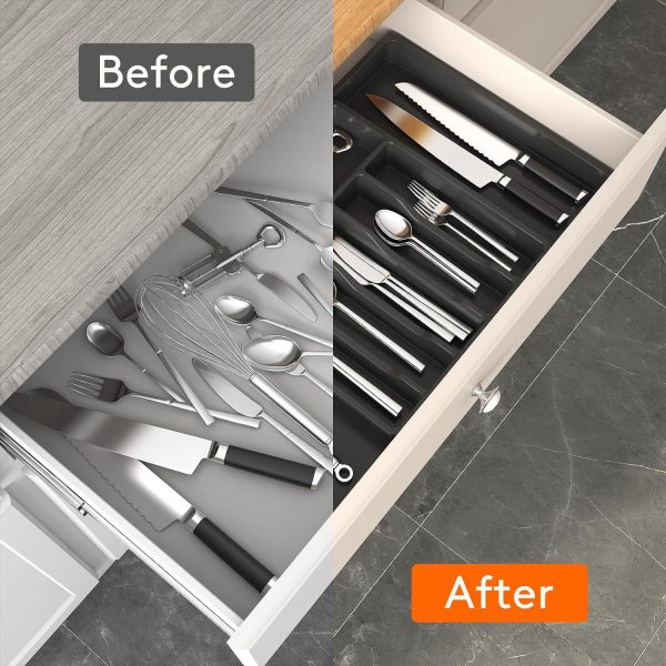 Black Adjustable Polypropylene Kitchen Drawer Organizer – 8 Compartments, Large Capacity
