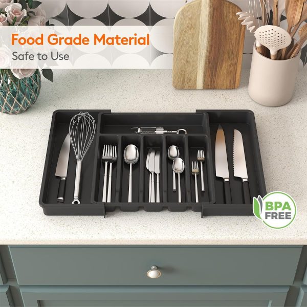 Black Adjustable Polypropylene Kitchen Drawer Organizer – 8 Compartments, Large Capacity
