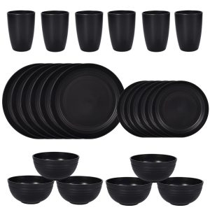 Stylish Black Wheat Straw Dinnerware Set – 24 Pieces (Plates, Bowl and Cups)
