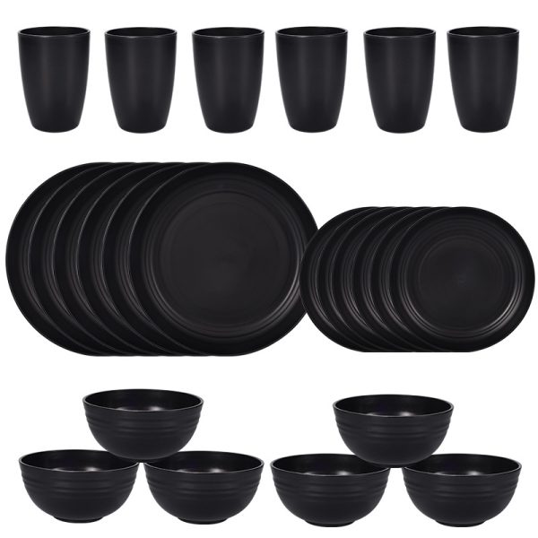 Stylish Black Wheat Straw Dinnerware Set – 24 Pieces (Plates, Bowl and Cups)