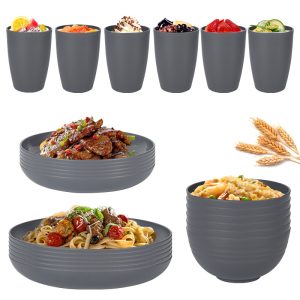 Stylish Dark Grey Wheat Straw Dinnerware Set – 24 Pieces (Plates, Bowl and Cups)