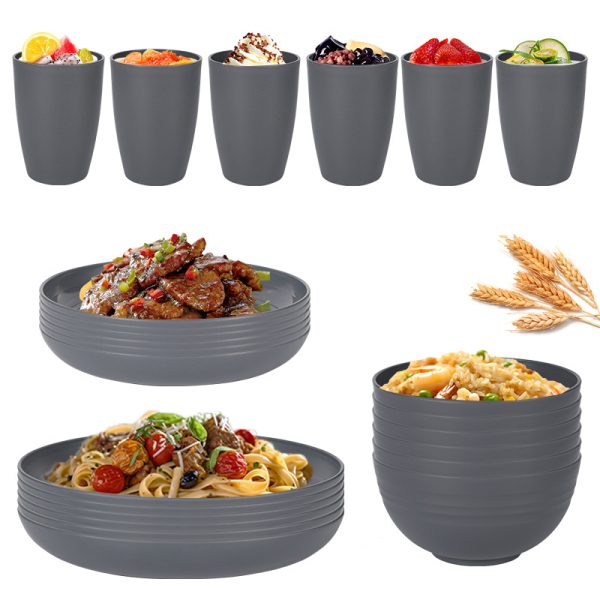 Stylish Dark Grey Wheat Straw Dinnerware Set – 24 Pieces (Plates, Bowl and Cups)