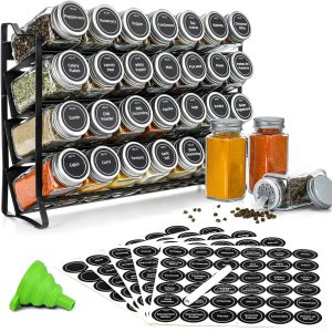 4-Tier Spice Rack Organiser with 28 Glass Jars, Labels & Funnel | Countertop Kitchen Storage