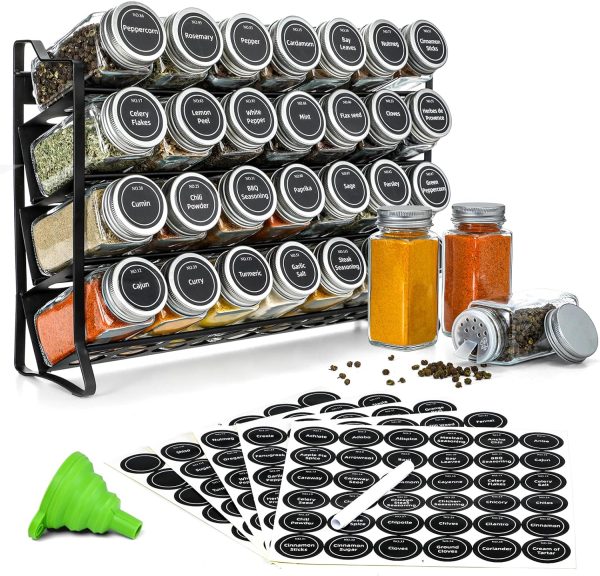 4-Tier Spice Rack Organiser with 28 Glass Jars, Labels & Funnel | Countertop Kitchen Storage