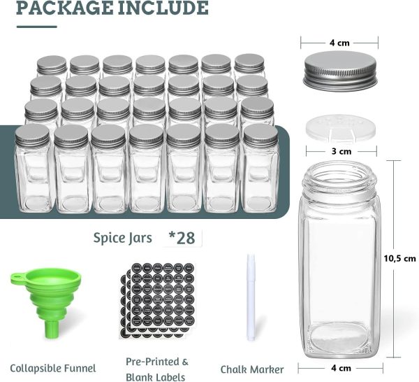 4-Tier Spice Rack Organiser with 28 Glass Jars, Labels & Funnel | Countertop Kitchen Storage - Image 2