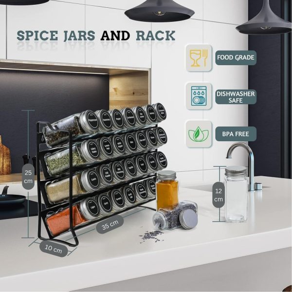 4-Tier Spice Rack Organiser with 28 Glass Jars, Labels & Funnel | Countertop Kitchen Storage - Image 4