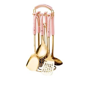 7-Piece Pink Gold Stainless Steel Kitchen Utensil Set | Cooking Tools with Stand